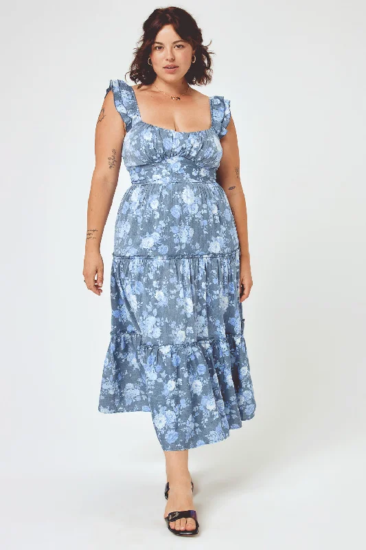 Blue Floral Flutter Sleeve Midi Dress