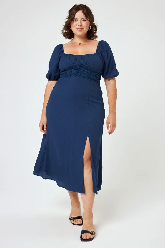 Blue Lace Trim Midi Dress