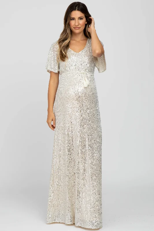 Plus Size Women Dress with a Flattering A - Line Cut for Comfort and StyleCream Sequin Short Sleeve Maternity Maxi Dress Plus Size Women Dress with a Flattering A - Line Cut for Comfort and StyleCream Sequin Short Sleeve Maternity Maxi Dress
