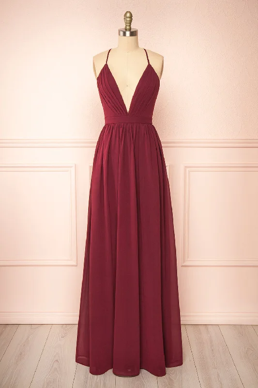 Plus Size Women Dress with a Flattering A - Line Cut for Comfort and StyleHaley Burgundy | Deep V-Neck Chiffon Maxi Dress Plus Size Women Dress with a Flattering A - Line Cut for Comfort and StyleHaley Burgundy | Deep V-Neck Chiffon Maxi Dress