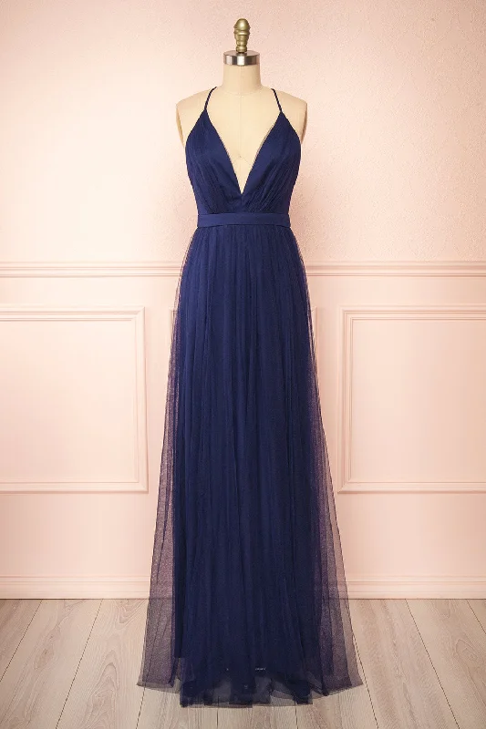 Maxi Women Dress with Floral Print for a Bohemian VibeIlaria Navy | Tulle Gown w/ Plunging Neckline Maxi Women Dress with Floral Print for a Bohemian VibeIlaria Navy | Tulle Gown w/ Plunging Neckline