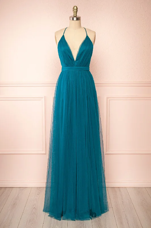 Long - Sleeve Women Dress in Velvet for a Luxurious Winter LookIlaria Teal | Tulle Gown with Plunging Neckline Long - Sleeve Women Dress in Velvet for a Luxurious Winter LookIlaria Teal | Tulle Gown with Plunging Neckline