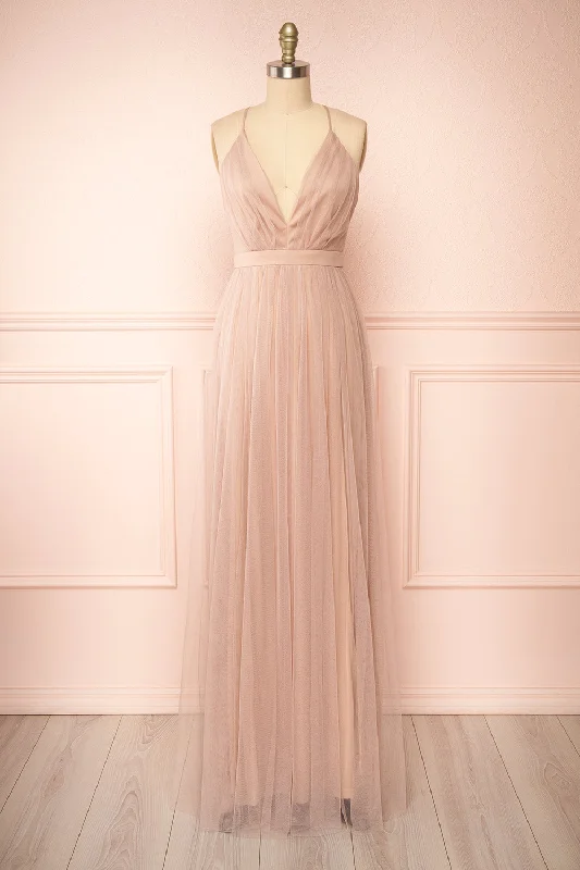 Sleeveless Women Dress in Bright Colors for Summer PartiesIlaria Taupe | Tulle Gown with Plunging Neckline