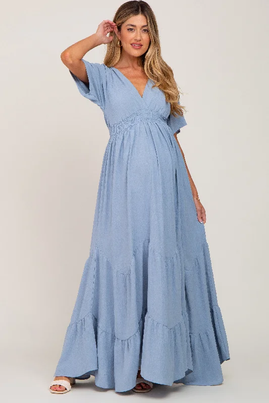 Light Blue Deep V-Neck Maternity Maxi Dress