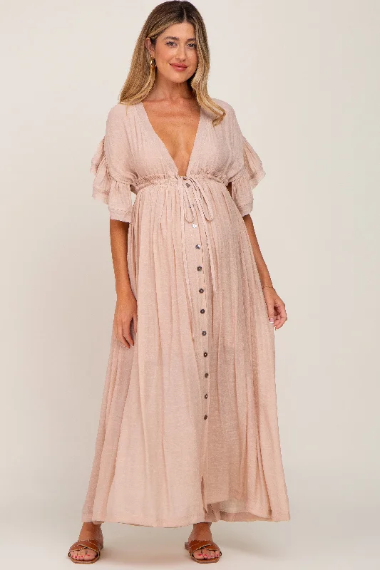 Light Pink Deep V-Neck Button Down Maternity Maxi Dress