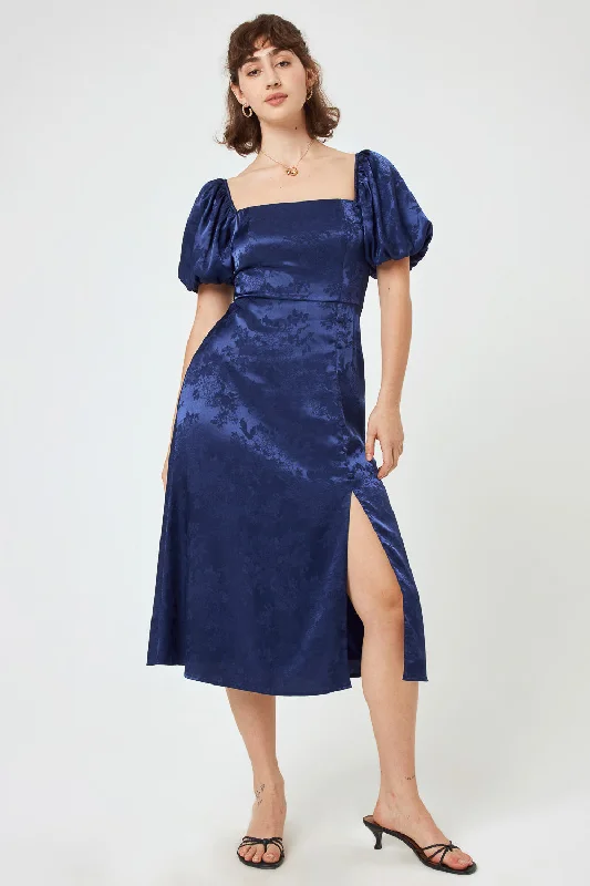 Navy Jacquard Puff Sleeve Midi Dress