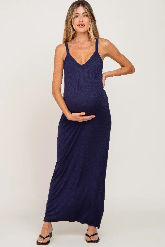 Navy Ribbed Basic Maternity Maxi Dress