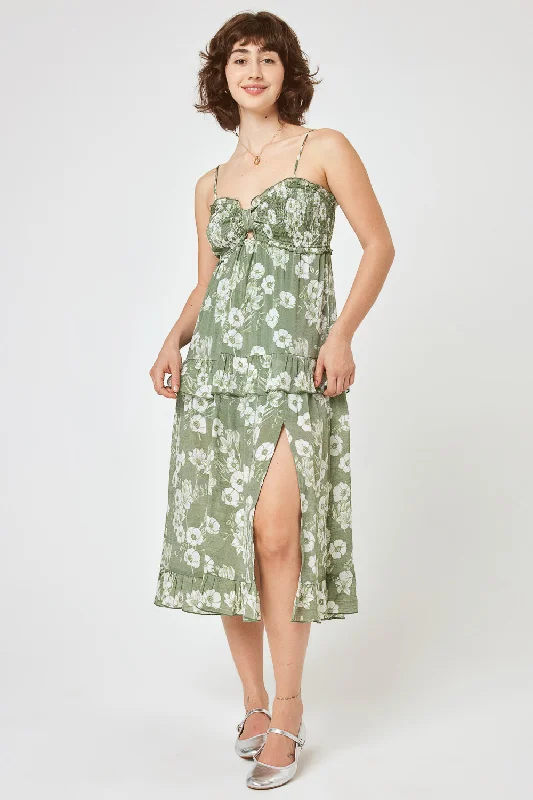 Olive Floral Smocked Bust Midi Dress