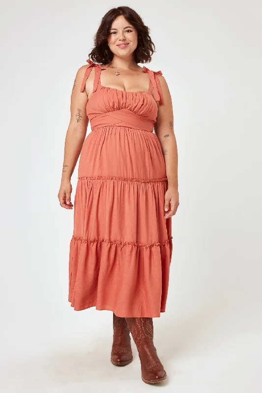 Orange Tie Shoulder Ruffle Midi Dress