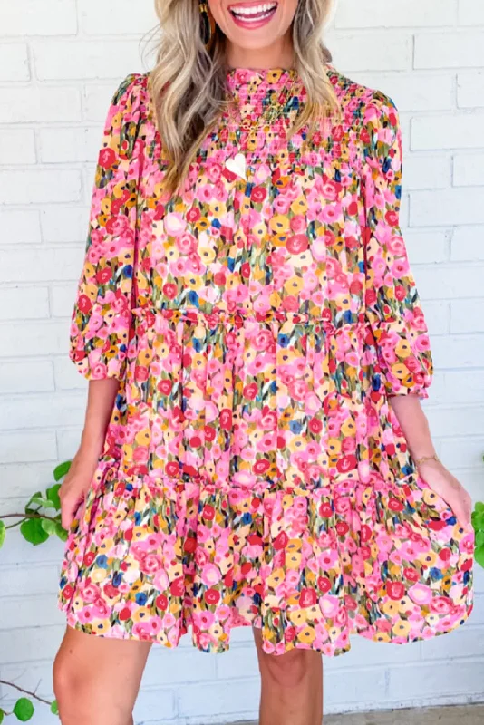 Empire Waist Women Dress to Accentuate the Bust and Conceal the WaistFloral Smocked 3/4 Sleeve Tiered Dress Empire Waist Women Dress to Accentuate the Bust and Conceal the WaistFloral Smocked 3/4 Sleeve Tiered Dress