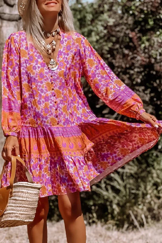 Mermaid - Style Women Dress with a Fitted Silhouette for Special OccasionsBoho Floral V-Neck Ruffle Dress Mermaid - Style Women Dress with a Fitted Silhouette for Special OccasionsBoho Floral V-Neck Ruffle Dress