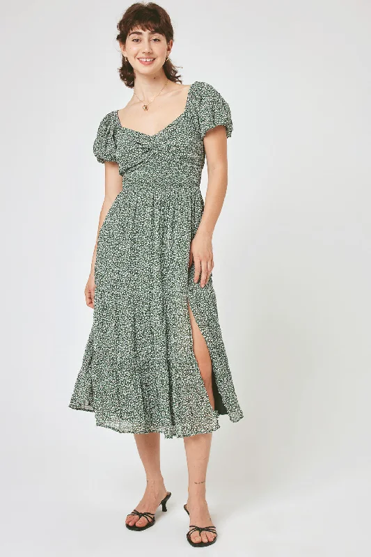 Sage Floral Puff Sleeve Twist Midi Dress