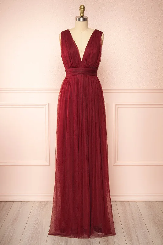Ruffled Women Dress with Multiple Layers for a Playful and Girly StyleSamina Burgundy | Tulle Maxi Dress w/ Plunging Neckline Ruffled Women Dress with Multiple Layers for a Playful and Girly StyleSamina Burgundy | Tulle Maxi Dress w/ Plunging Neckline