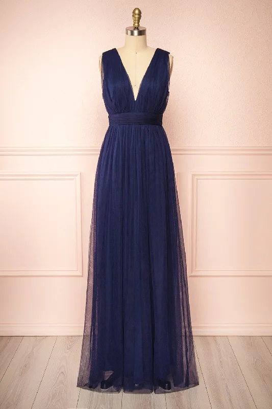 Plus Size Women Dress with a Flattering A - Line Cut for Comfort and StyleSamina Navy | Tulle Maxi Dress w/ Plunging Neckline Plus Size Women Dress with a Flattering A - Line Cut for Comfort and StyleSamina Navy | Tulle Maxi Dress w/ Plunging Neckline