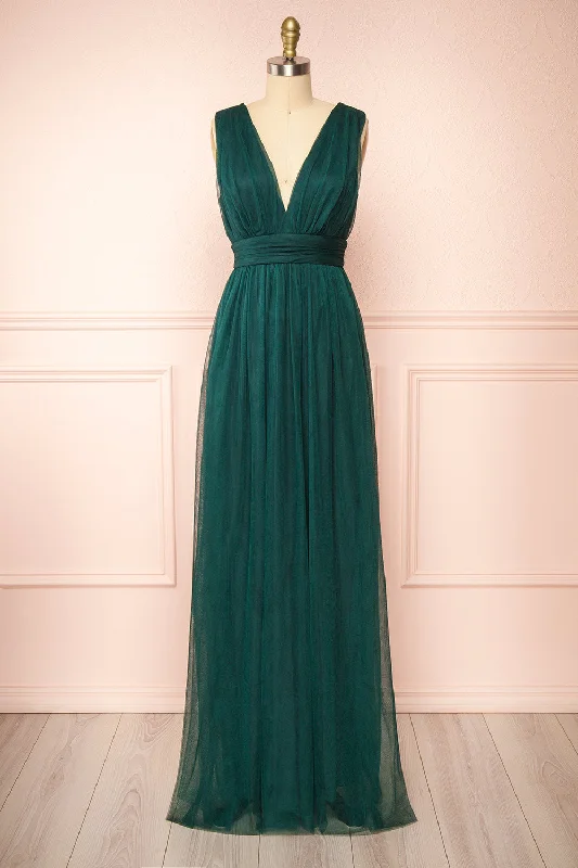 Sleeveless Women Dress in Bright Colors for Summer PartiesSamina Green | Tulle Maxi Dress w/ Plunging Neckline Sleeveless Women Dress in Bright Colors for Summer PartiesSamina Green | Tulle Maxi Dress w/ Plunging Neckline