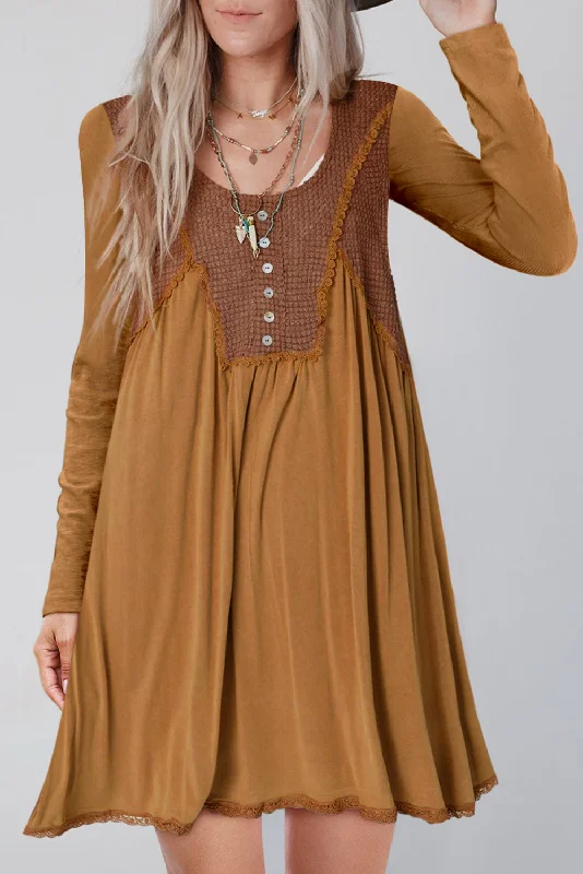 Strapless Women Dress with a Built - in Bra for Comfort and SupportWaffle Patchwork Long Sleeve Dress Strapless Women Dress with a Built - in Bra for Comfort and SupportWaffle Patchwork Long Sleeve Dress