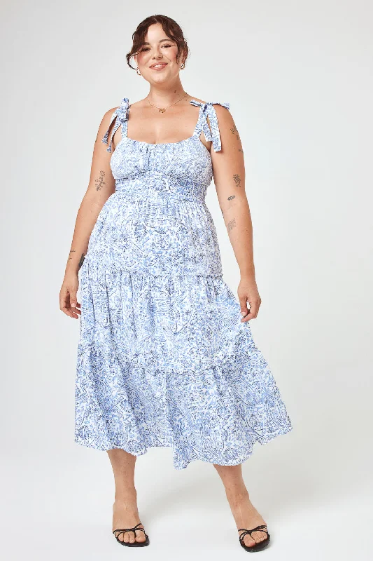 White Blue Floral Tie Shoulder Ruffle Midi Dress