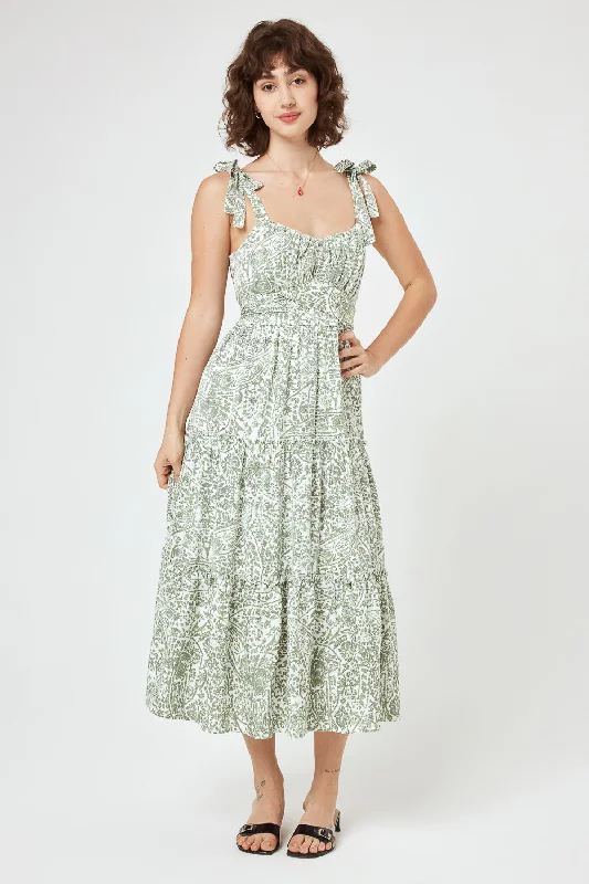 White Green Floral Tie Shoulder Ruffle Midi Dress