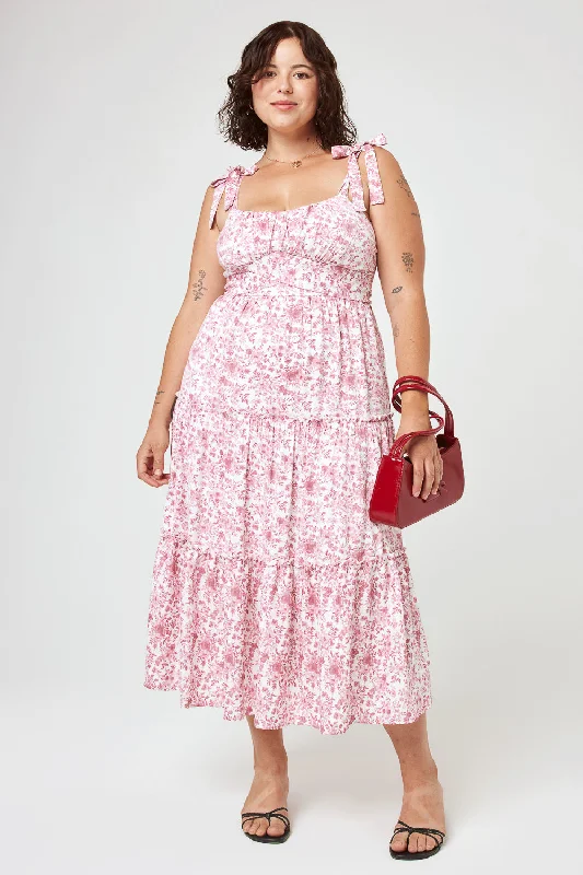 White Pink Floral Tie Shoulder Ruffle Midi Dress