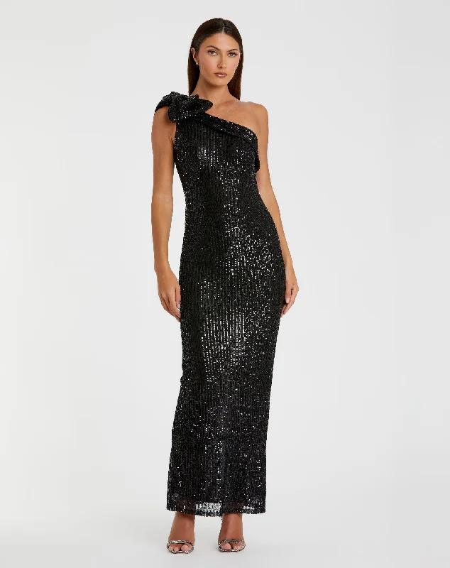 Black Sequined Bow One Shoulder Column Gown