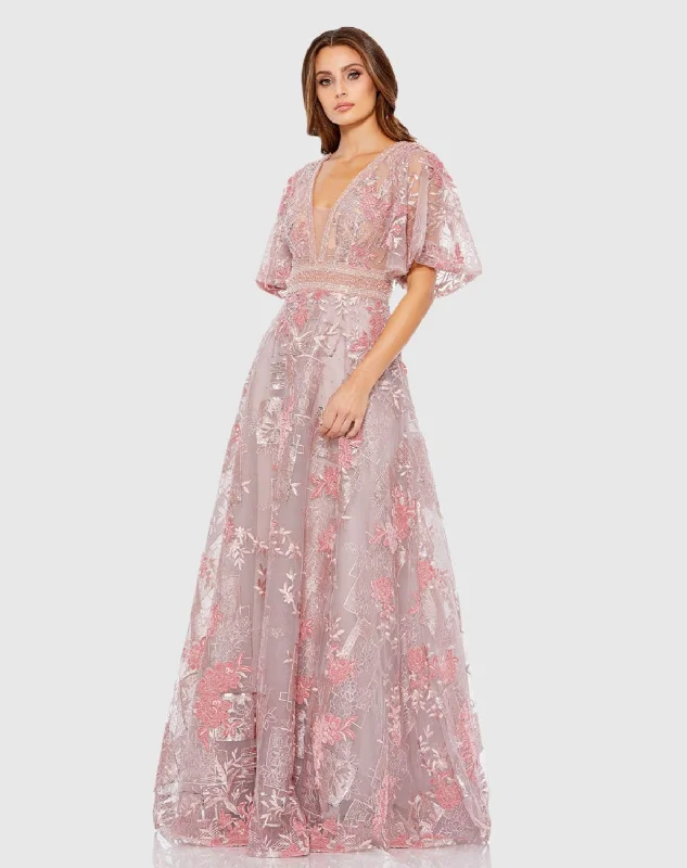 Embroidered Flounce Sleeve A Line Gown