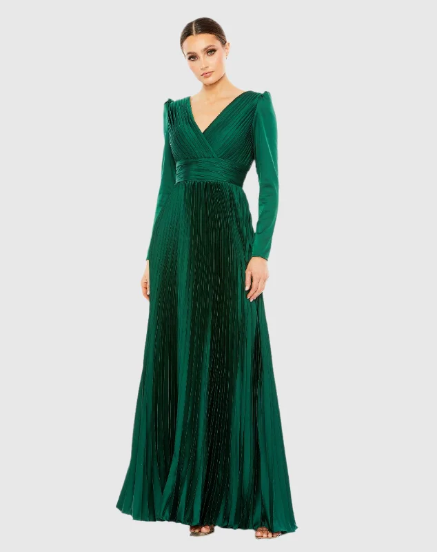 Green Pleated Long Sleeve V-Neck Gown