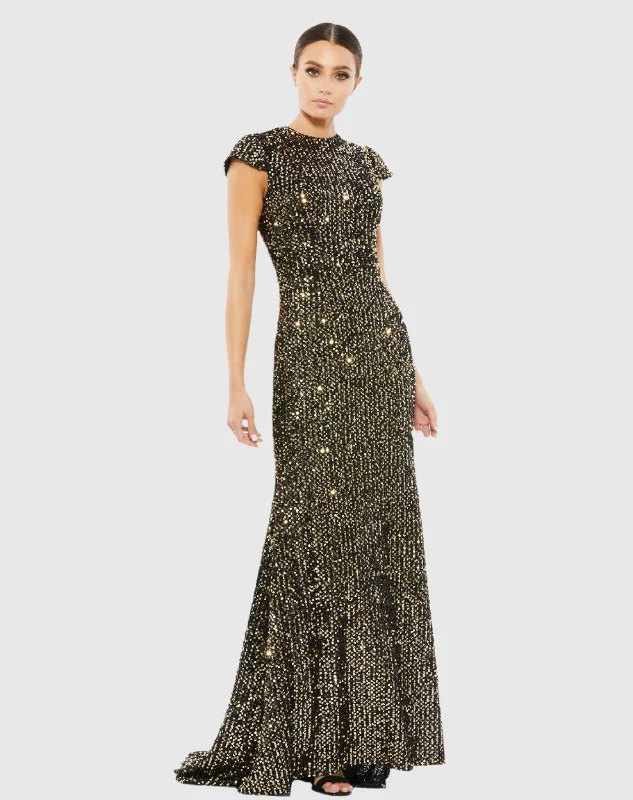 Sequined Cap Sleeve High Neck Gown