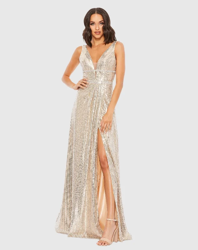 Metallic Sequined Plunge Neck Gown