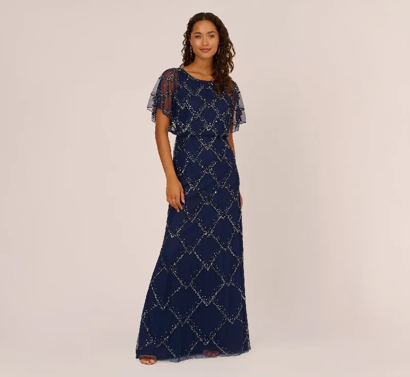 Hand-Beaded Blouson Long Gown With Flutter Sleeves In Light Navy