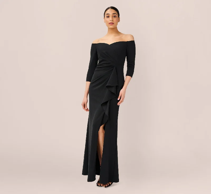 Off The Shoulder Dress With Cascading Ruffle Detail In Black