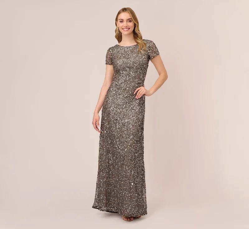 Scoop Back Sequin Gown In Lead