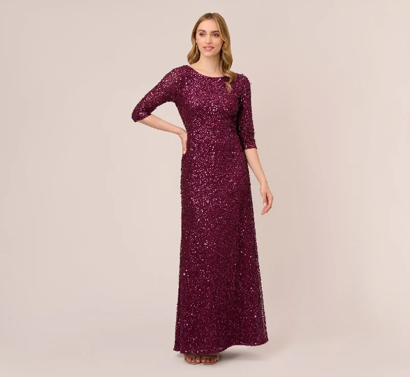 Scoop Back Sequin Gown With Three Quarter Sleeves In Cabernet