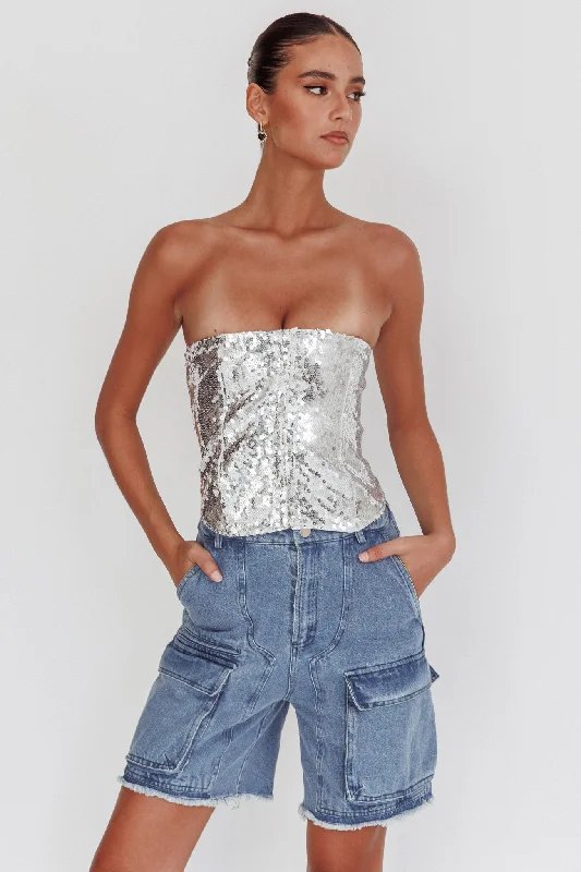 Long - length strapless top for a dramatic and elegant formal occasionBelgium Strapless Lace-Up Back Top Sequin Silver Long - length strapless top for a dramatic and elegant formal occasionBelgium Strapless Lace-Up Back Top Sequin Silver