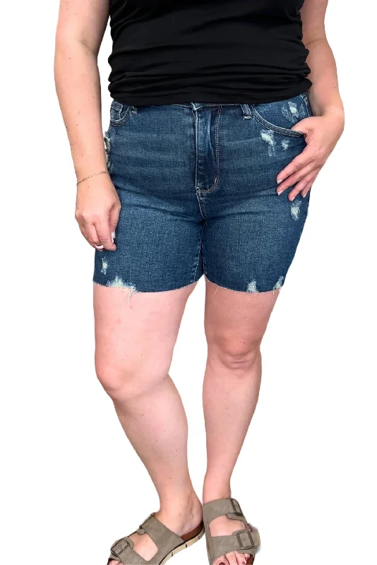 High - Waisted Women Shorts for a Retro and Flattering LookHigh Waist Mild Destroy Cut Off Shorts In Dark Wash