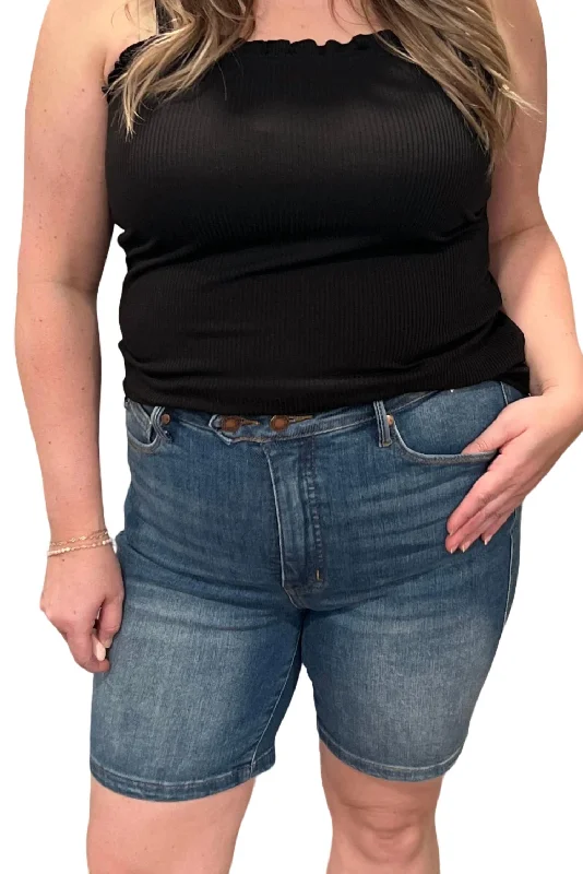 Denim Women Shorts with Distressed Details for a Casual VibeHigh Waist Tummy Control Double Button Bermuda Shorts In Mid Wash