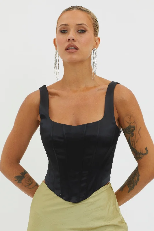 High - neck strapless top for a more modest and sophisticated appearanceRuthie Satin Corset Top Black High - neck strapless top for a more modest and sophisticated appearanceRuthie Satin Corset Top Black