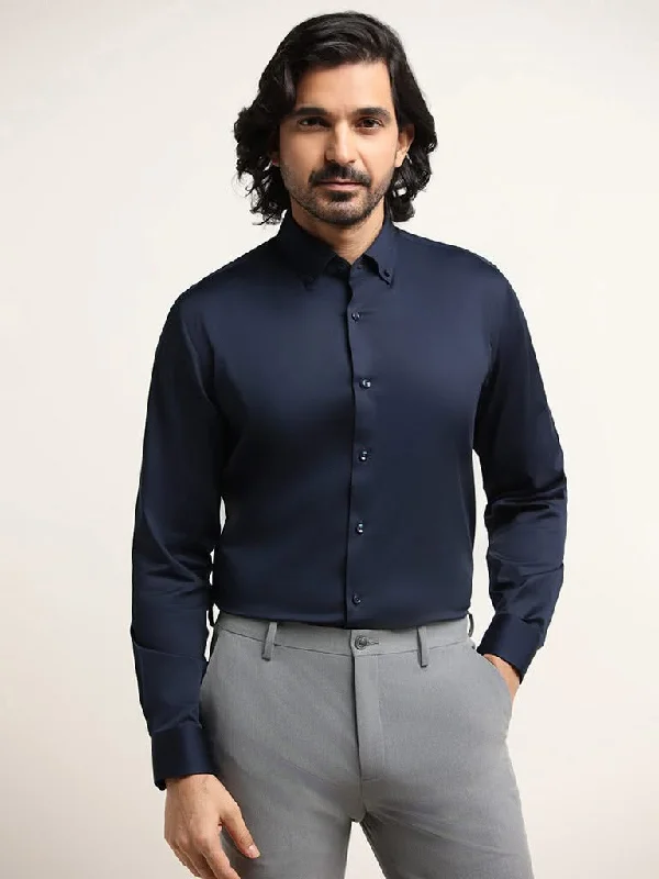 Leather Look Women Shorts for an Edgy and Chic StyleWES Formals Deep Navy Slim-Fit Shirt