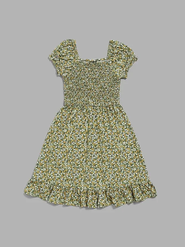 Y&F Kids Olive Ditsy Floral Printed Smocked Dress